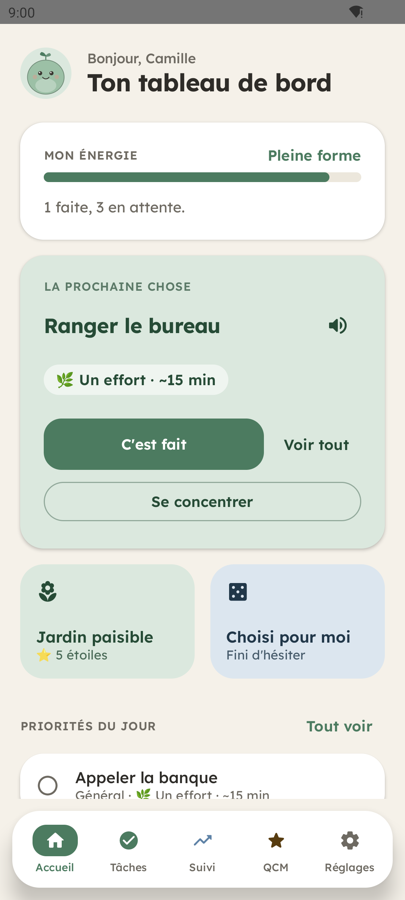 Nova — écran d'accueil avec la jauge d'énergie